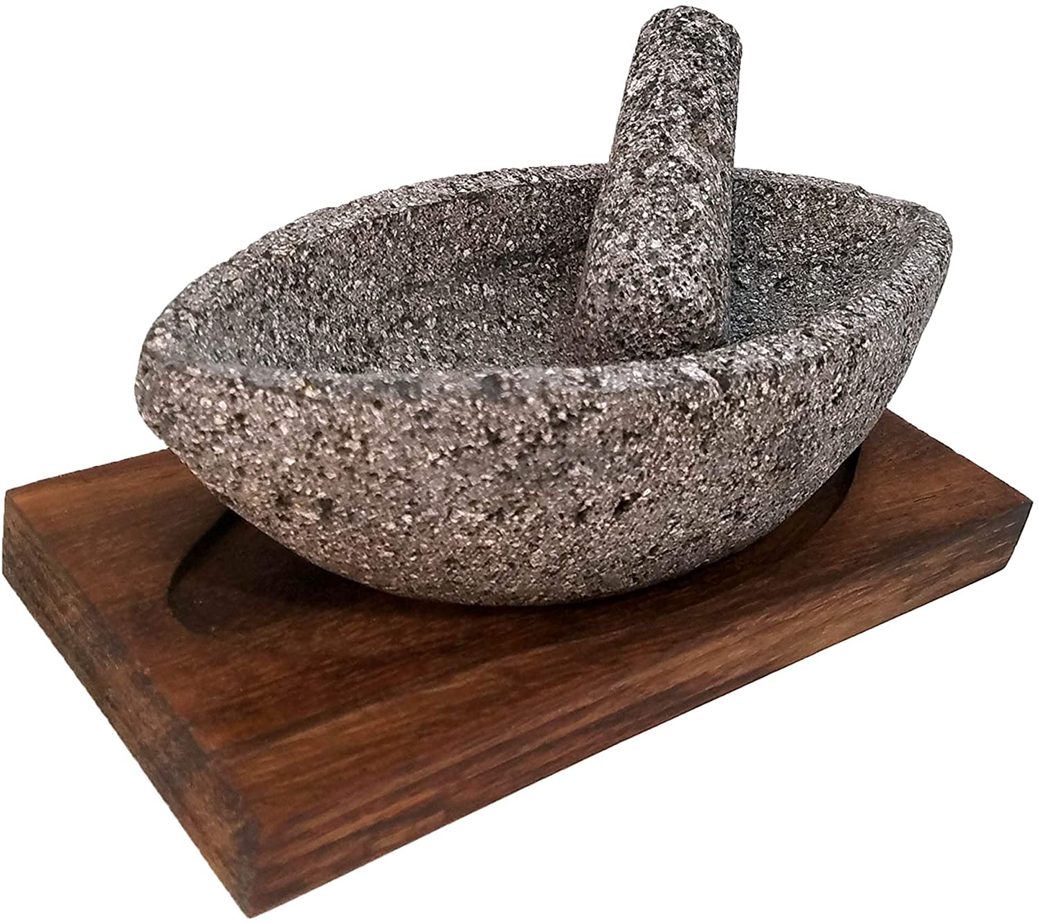 VOLCANIC ROCK PRODUCTS / Canoe Shaped Mortar and Pestle Set with Parota Wood Serving Board