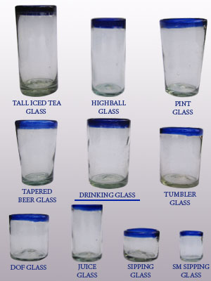 2 Mexican Cobalt Blue Rim Tall Tumbler Water Glasses Hand Blown Glass 7.25" 