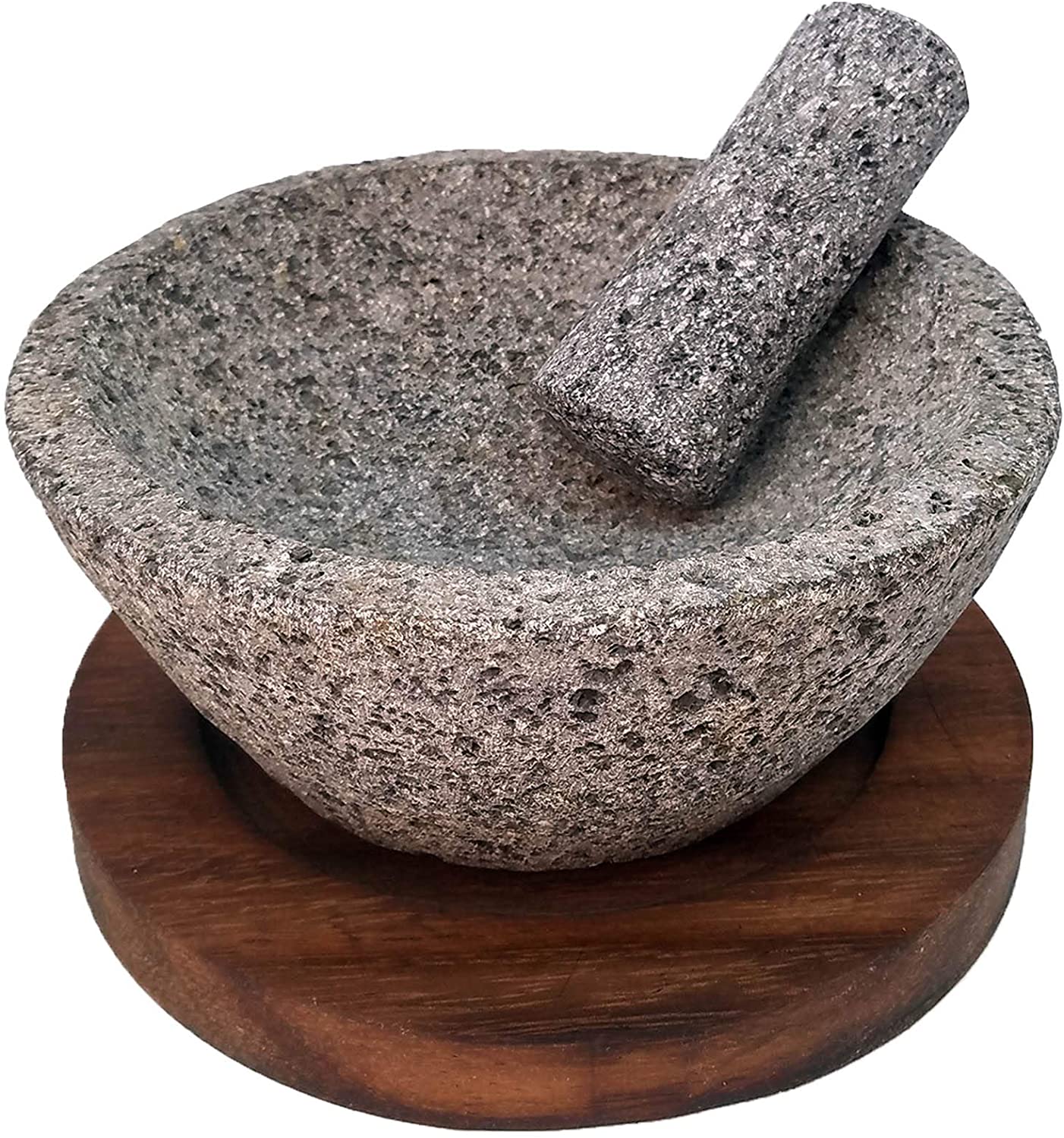 VOLCANIC ROCK PRODUCTS / Round 7'' Mortar and Pestle Set with Parota Wood Serving Board
